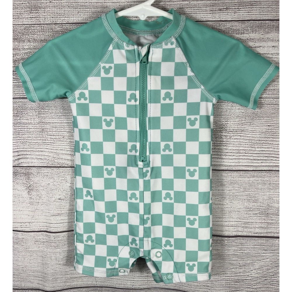 Disney Baby Mickey Mouse Check Zip-Front Snap Bottom Short Sleeve Swimsuit 6/9M